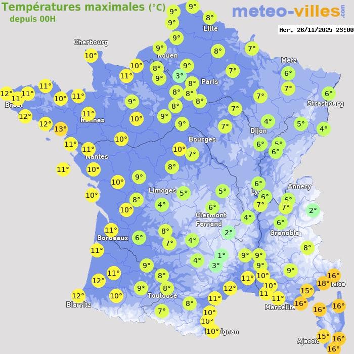 Températures maximales (°C) depuis 00h