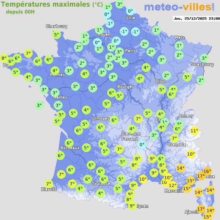 Températures maximales (°C) depuis 00h