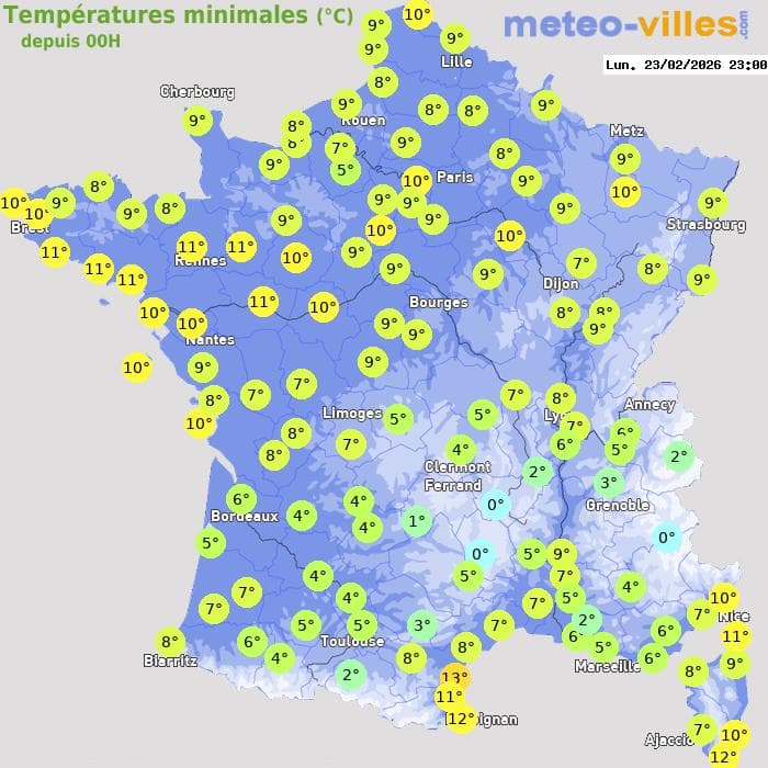 Températures minimales (°C) depuis 00h