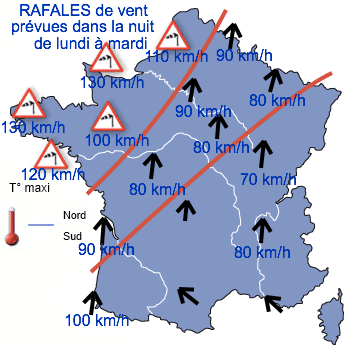 rafales de vent prévues dans la nuit de lundi à mardi