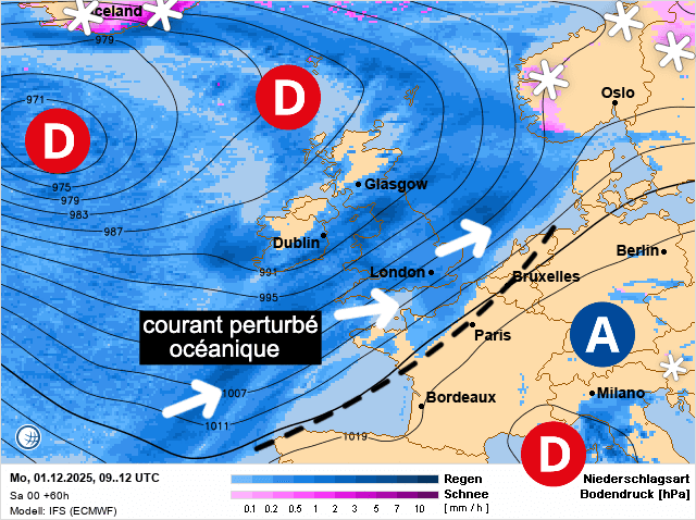 Carte de prévisions d'europe du Lundi 1 décembre 2025