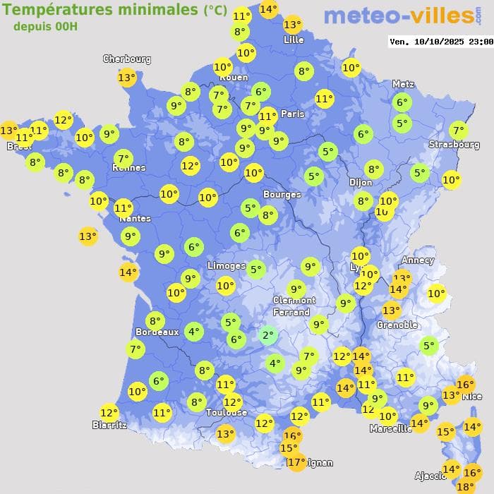 Températures minimales (°C) depuis 00h