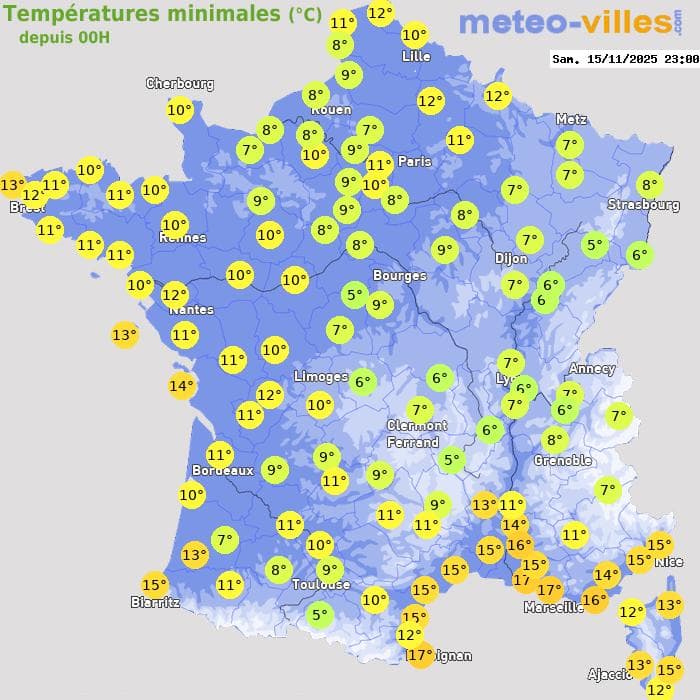 Températures minimales (°C) depuis 00h
