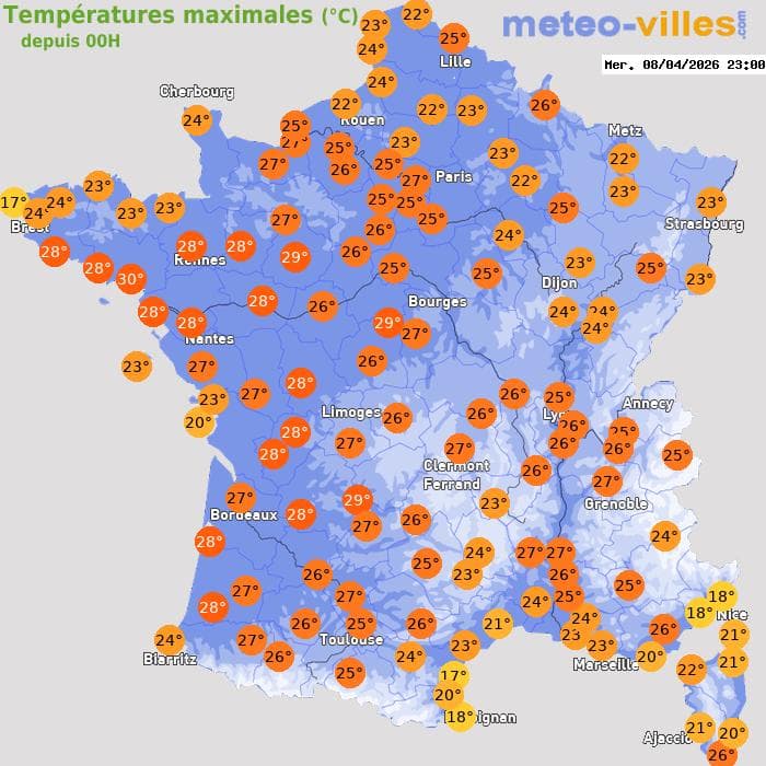 Températures maximales (°C) depuis 00h