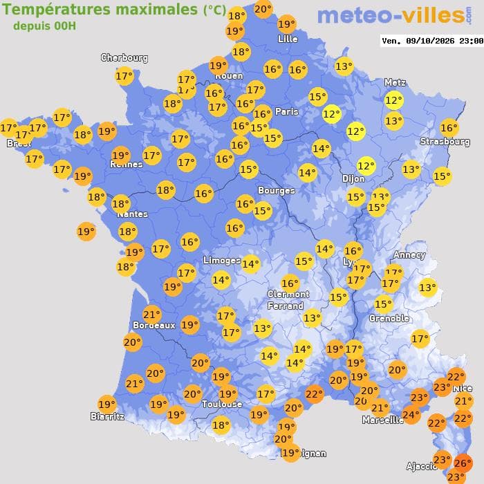 Températures maximales (°C) depuis 00h