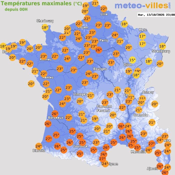 Températures maximales (°C) depuis 00h
