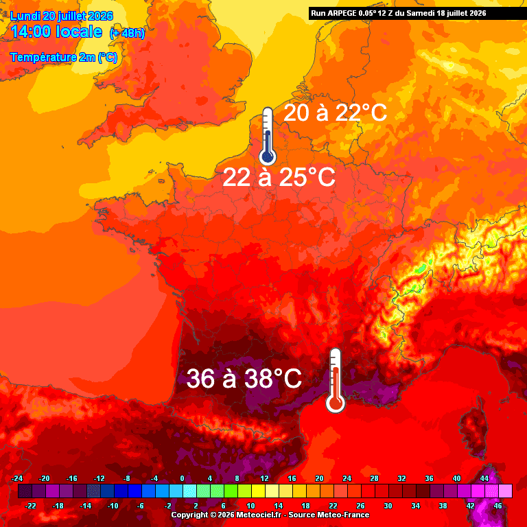 Températures prévues lundi 20 juillet