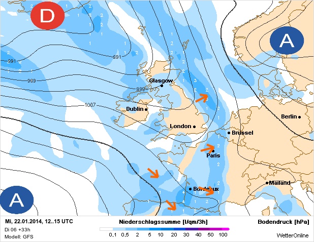 Carte météo Europe du 22/01/2014 à 1812