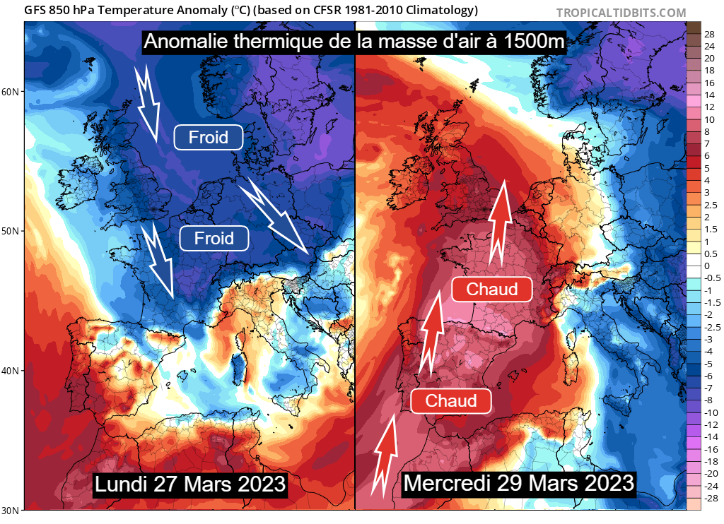 Gel et chaleur : gros contrastes de températures cette semaine 850-27-29mars23