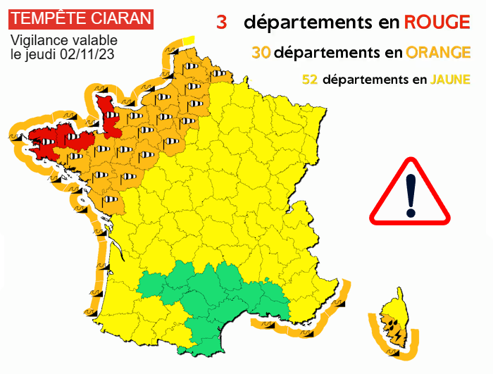 Bilan de la tempête Ciaran : jusqu'à 207 km/h et gros dégâts entre Bretagne et Manche Vigilance-ciaran-1