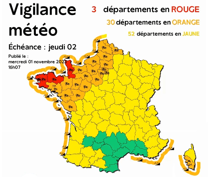 Alerte météo : avec la tempête Ciaran, 3 départements en vigilance rouge,  17 en orange les prévisions de ce mercredi 